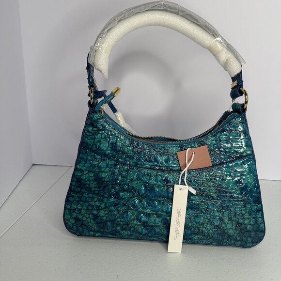 MaJue Croc-Embossed Teal Shoulder Bag | Gold Hardware | New with Tags - Picture 1 of 10